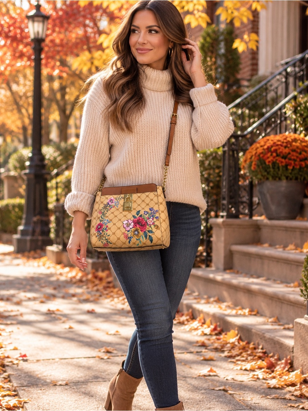 Steve Madden Floral Monogram Crossbody Bag Tan Brown Gold Hardware 🌸